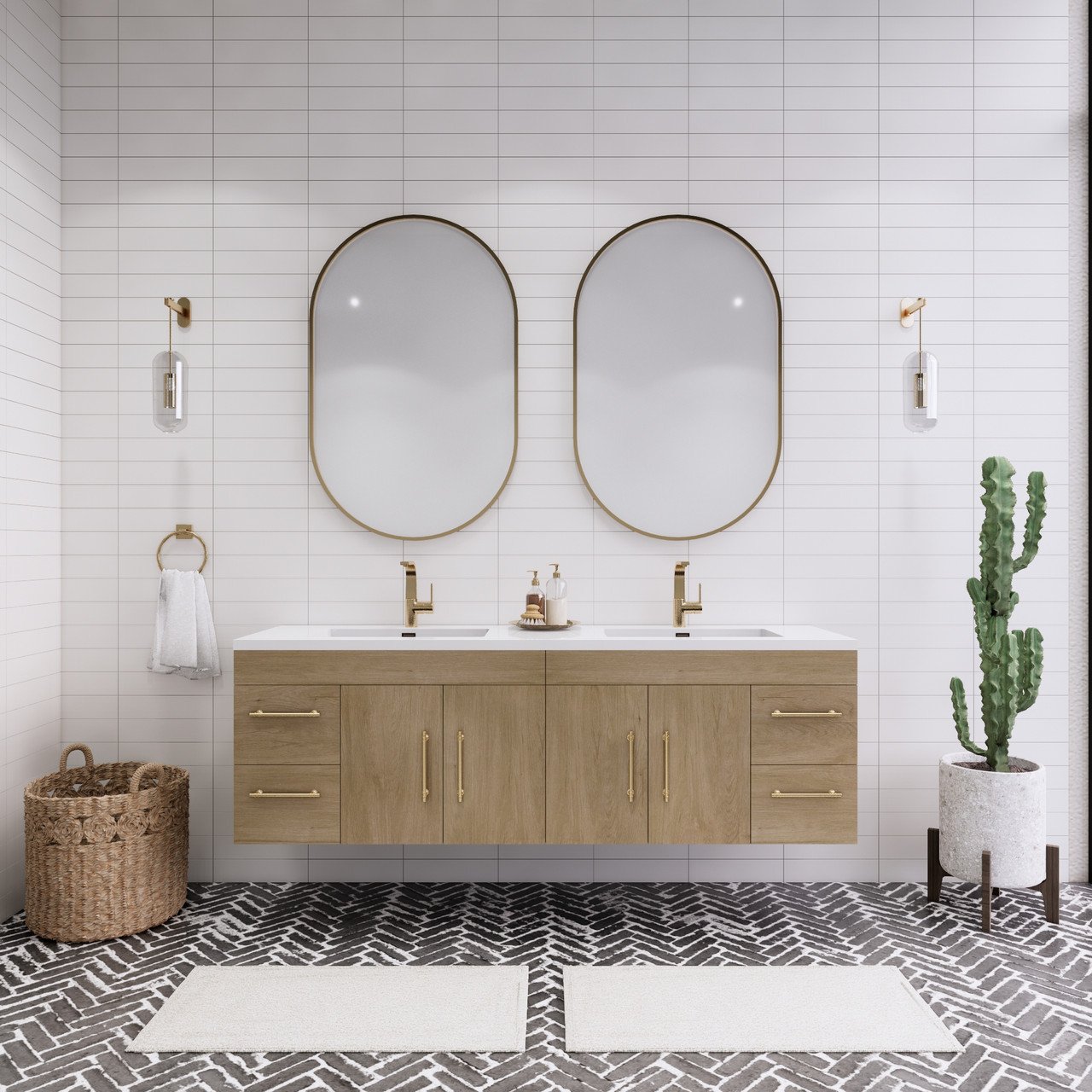Floating bathroom vanity with a modern finish built using moisture-resistant materials